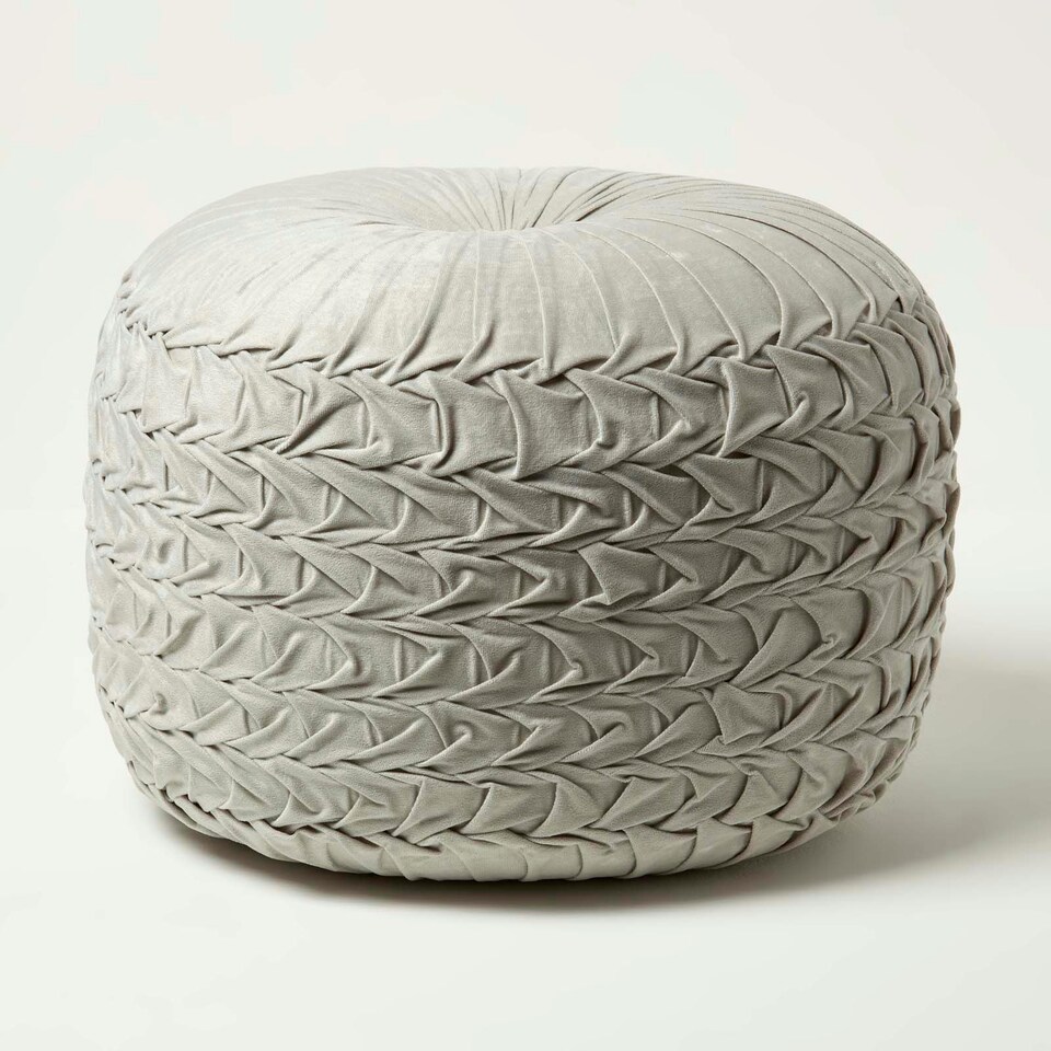 image 1 of Homescapes Grace Pleated Velvet Grey Pouffe