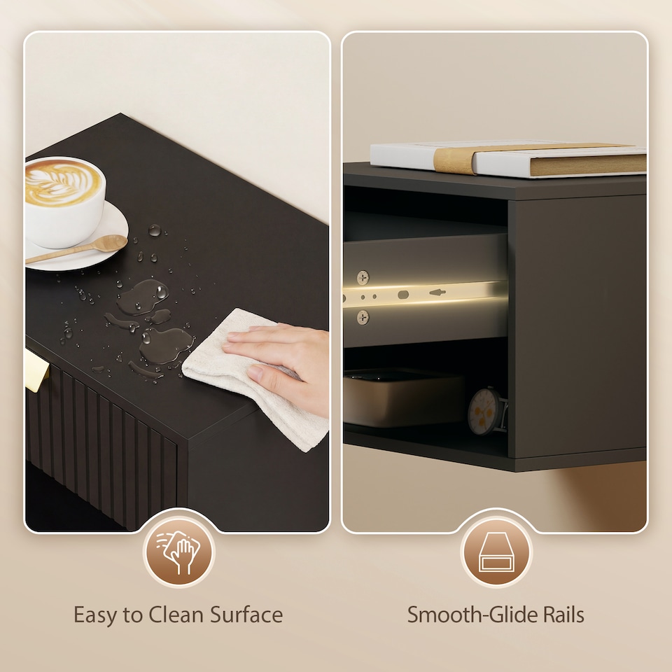 image 1 of HOMCOM Floating Bedside Tables Set of 2 with Fluted Drawer Open Shelf | Black | Black | 40W x 30D x 25H cm