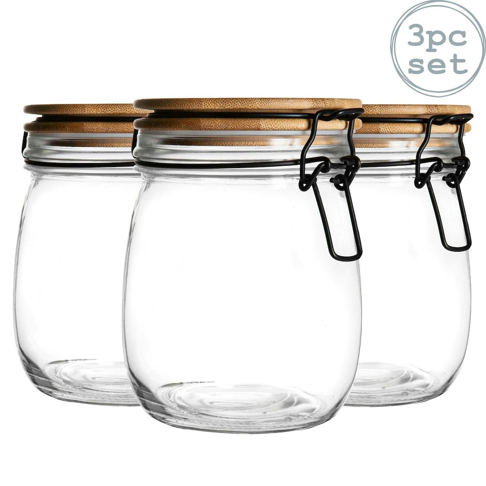 image 1 of Argon Tableware Wooden Clip Lid Storage Jars - 750ml - Clear Seal - Pack of 3