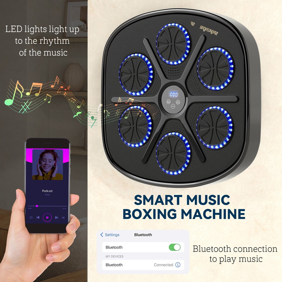 image 1 of SPORTNOW Smart Bluetooth Boxing Machine Wall Mounted with 9 Speeds & Modes