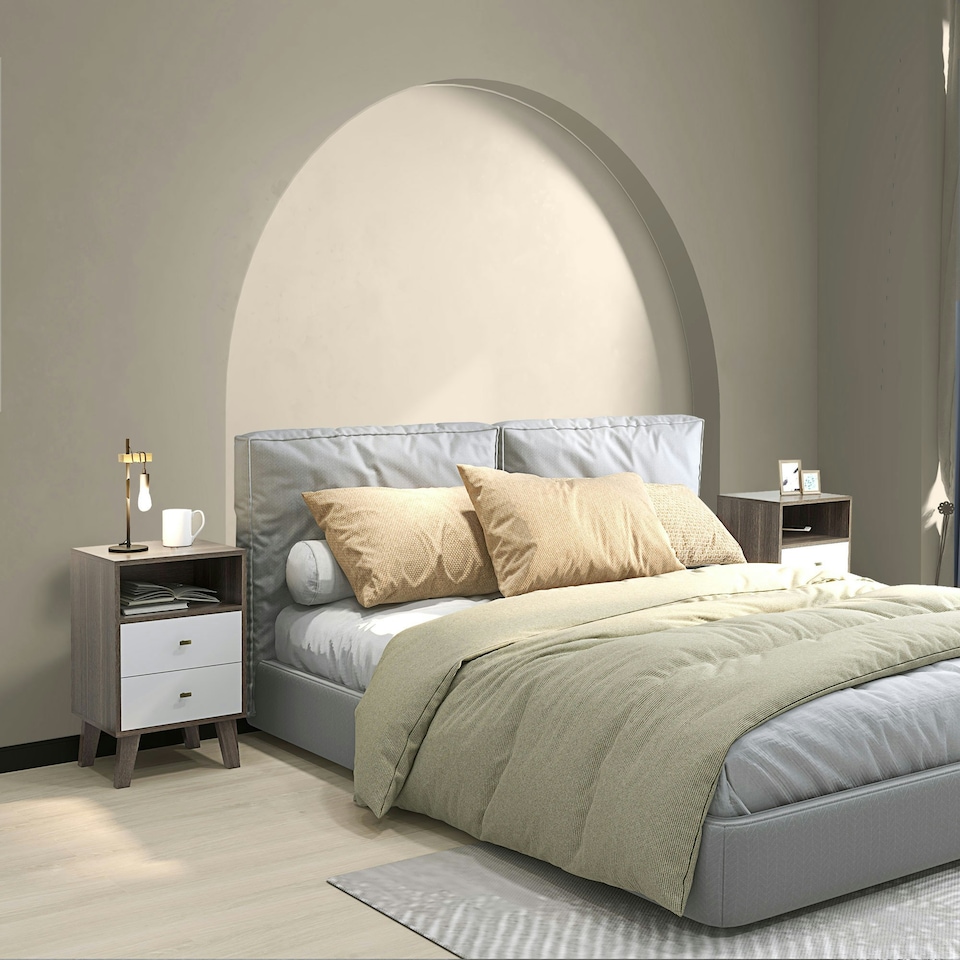 image 1 of HOMCOM Bedside Tables Set of 2, Modern Nightstand with 2 Drawers and Open Cubby