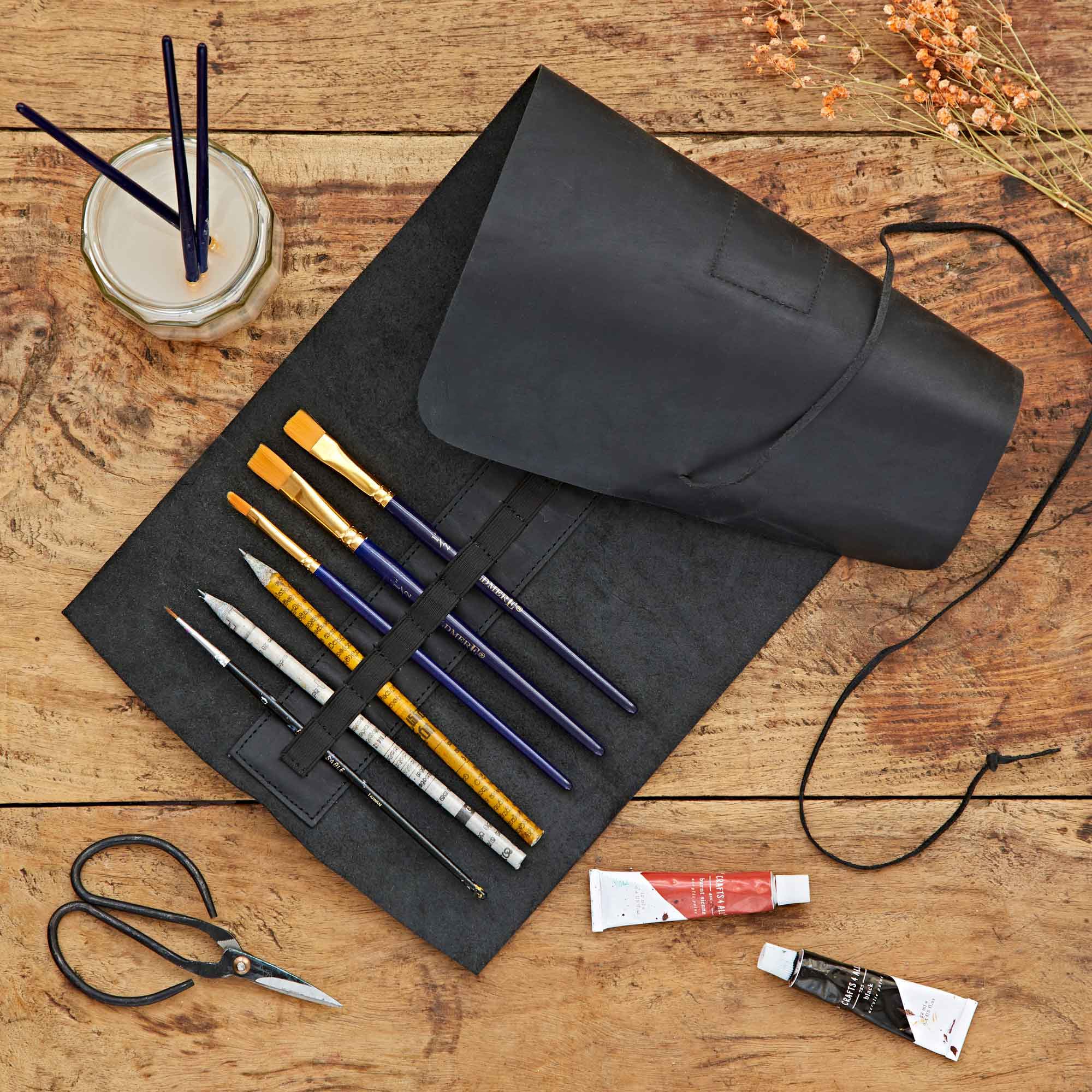 Paper High Buffalo Leather Roll Up Pencil Case in Black