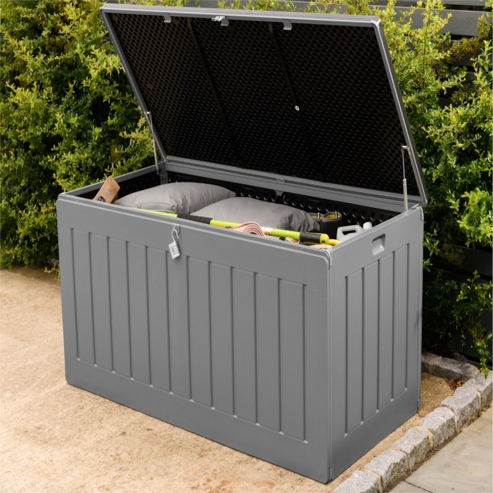 image 1 of Olsen & Smith 830L Extra Large Garden Storage Box - Weather Resistant Heavy Duty Wood Effect with Padlock Massive Capacity Storage Chest for Tools Toys & More Grey | Grey