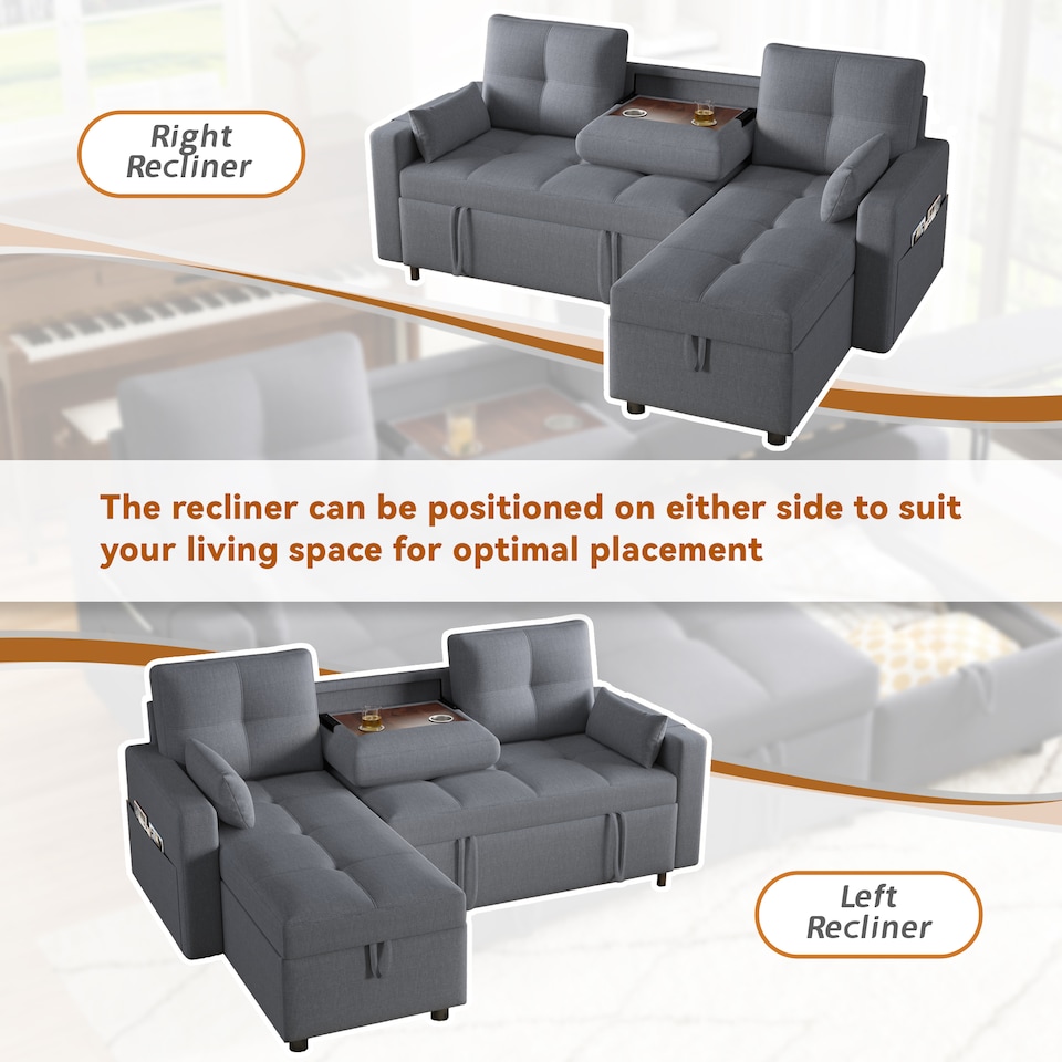 image 1 of FENCHILIN Sofa Bed with Pull-Out Sleeper Reversible Chaise Drop-Down Cup Holder Side Pockets Grey