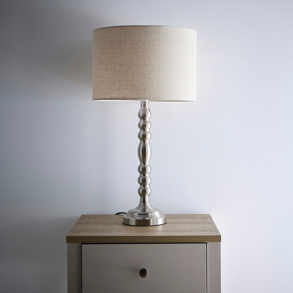 image 1 of Rosa Satin Nickel Table Lamp on a Candlestick Design with a Natural Linen Lampshade Silver