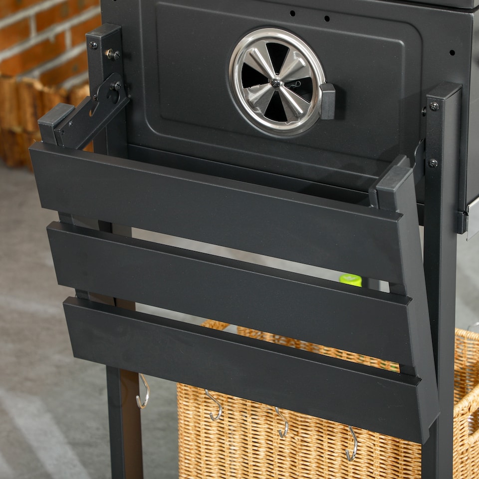 image 1 of Charcoal BBQ Grill Smoker Trolley with Shelves, Bottle Opener and Wheels