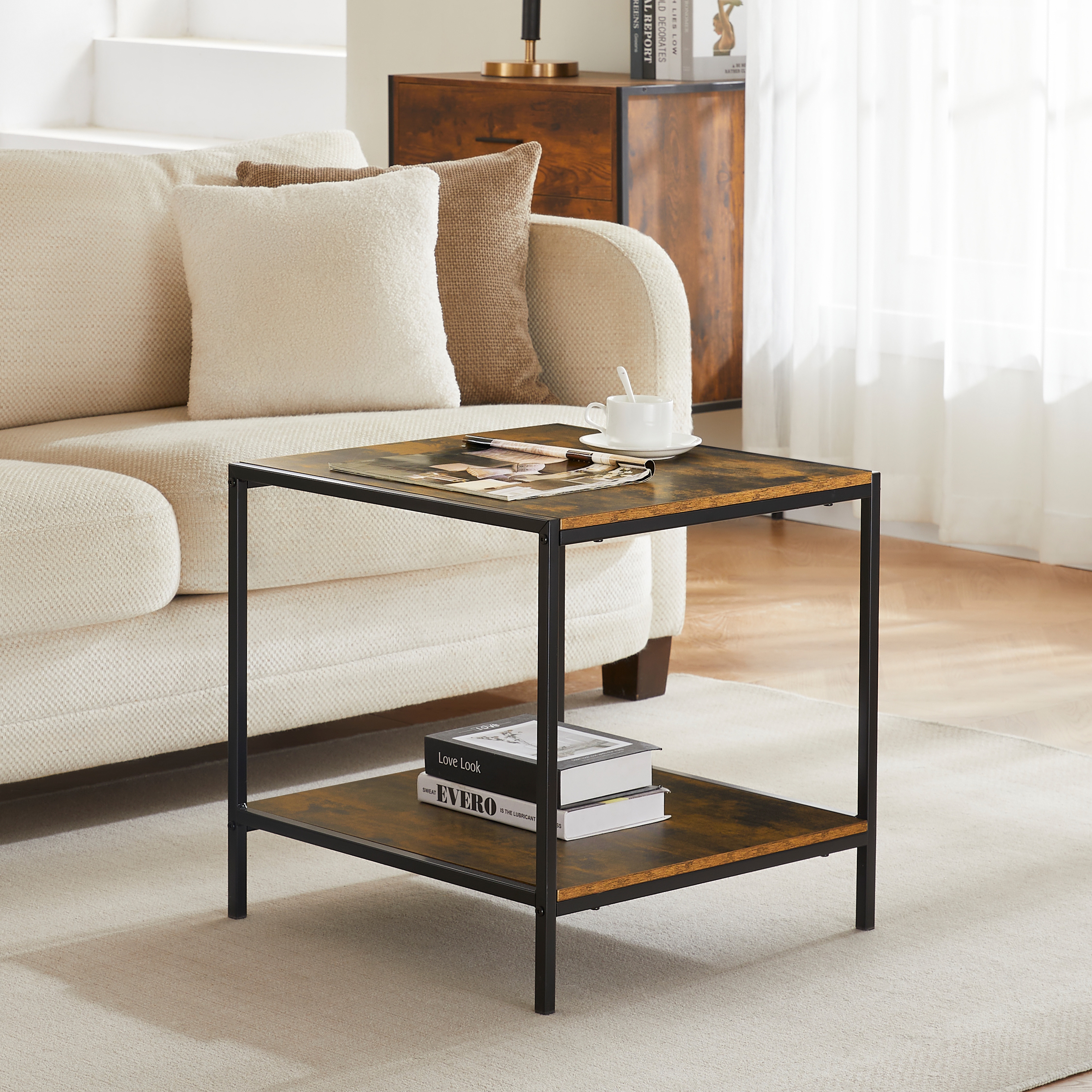 Vida Designs Brooklyn End Table Industrial Sofa Side Bedside Table, Dark Wood