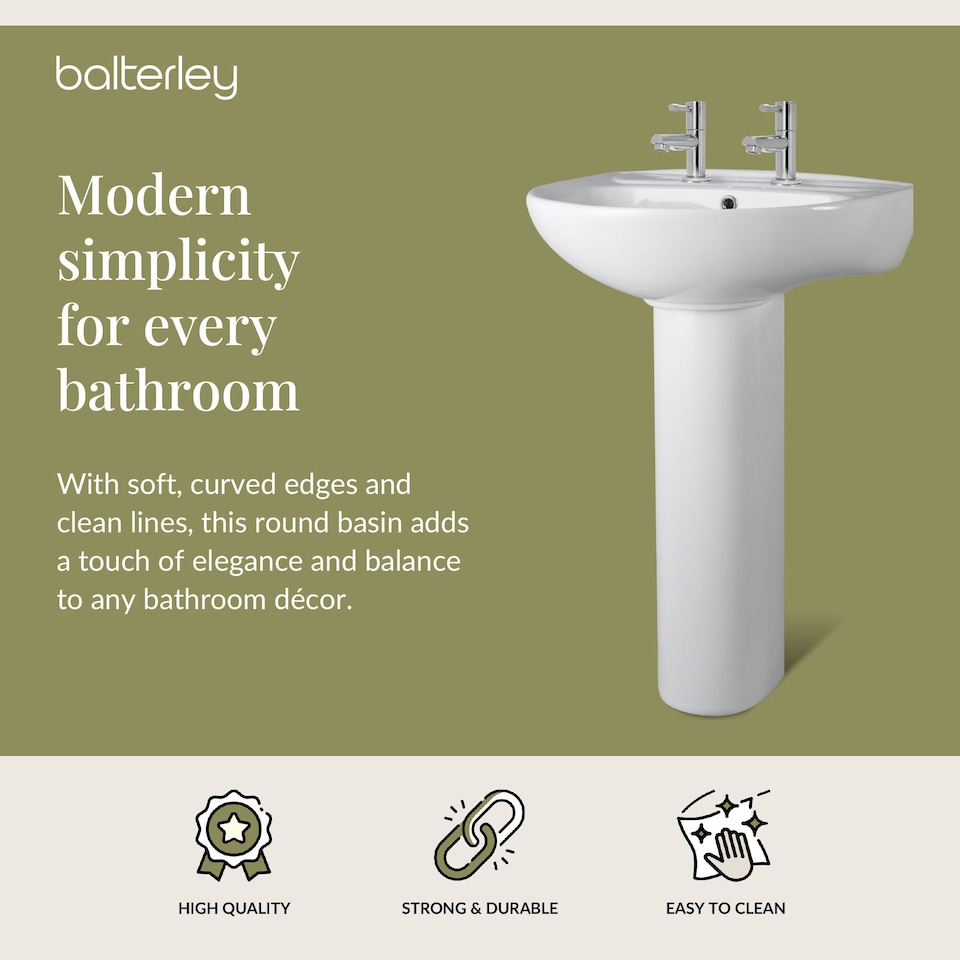 image 1 of Adley Round 2 Tap Hole Basin & Full Pedestal 550mm White Pillar Tap | White | White | 475 x 550 x 840mm