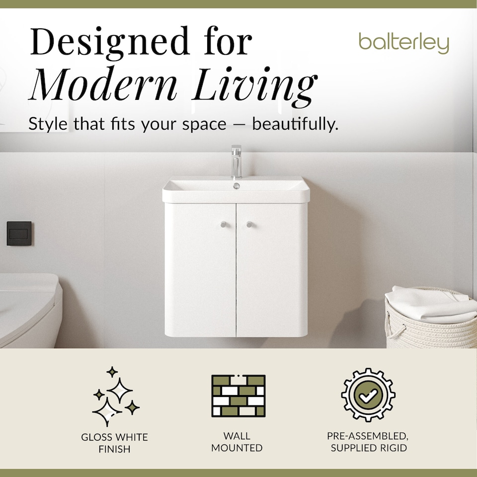 image 1 of Modern Bathroom Wall Hung 2 Door Vanity Unit Basin, Gloss White, 605mm | White | Gloss White | 355 x 605 x 589mm