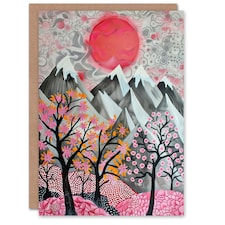 Mountain Snow Peaks Pink Blossom Tree Him Her Birthday Card