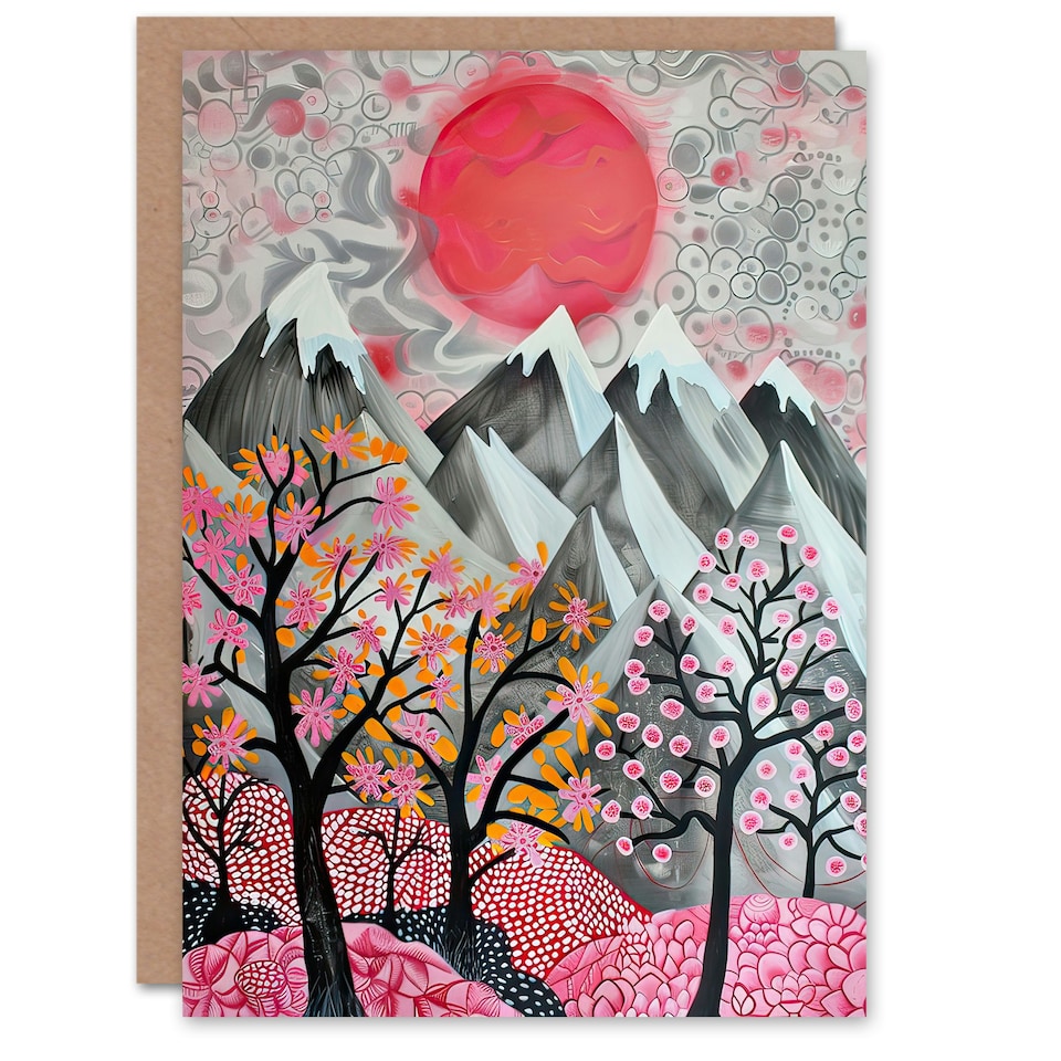image 1 of Mountain Snow Peaks Pink Blossom Tree Him Her Birthday Card