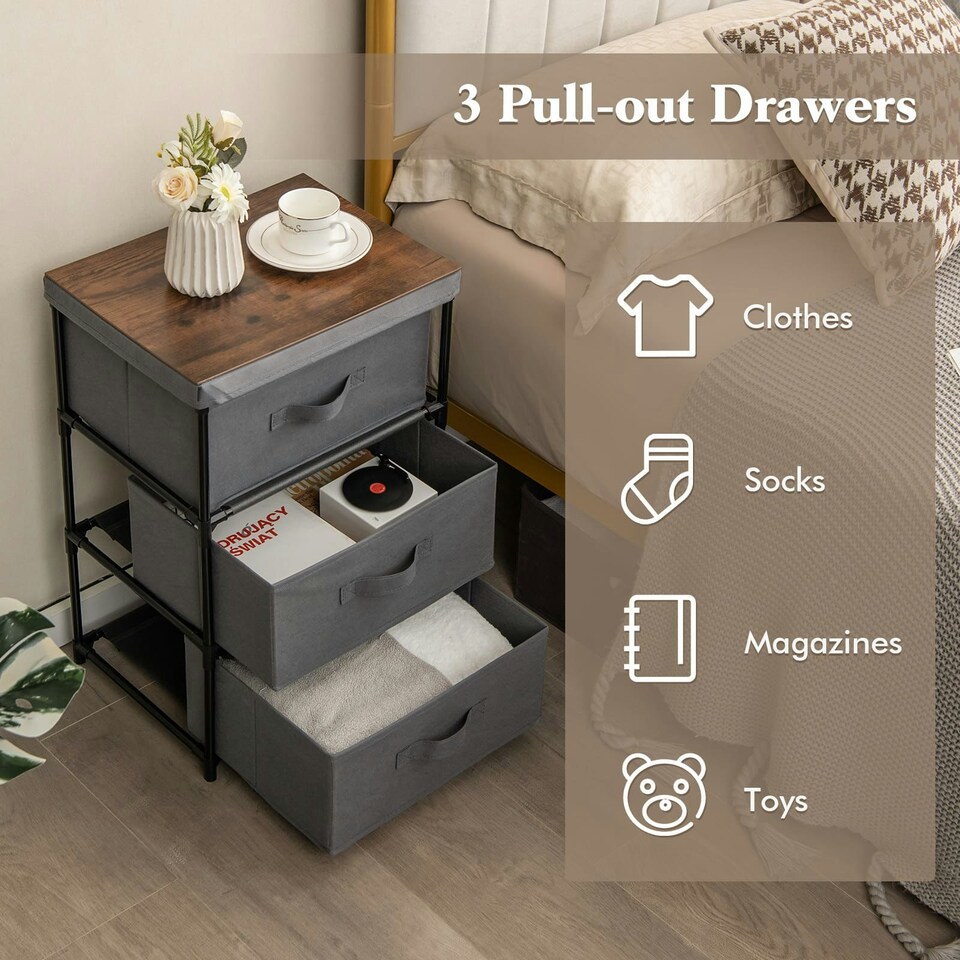 image 1 of COSTWAY Set of 2 3-Tier Fabric Dresser Fabric Nightstand Grey Grey