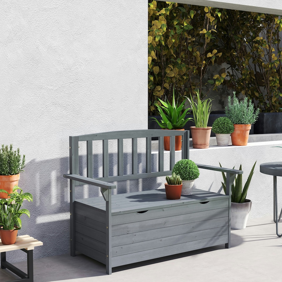 image 1 of Outsunny Garden Storage Bench, 2 Seater Fir Wood Outdoor Bench, Dark Grey