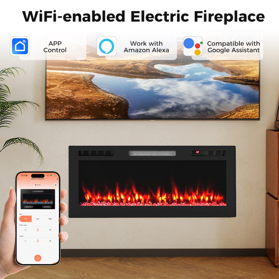 image 1 of COSTWAY 750W/1500W Recessed/Wall-Mounted Fireplace Black