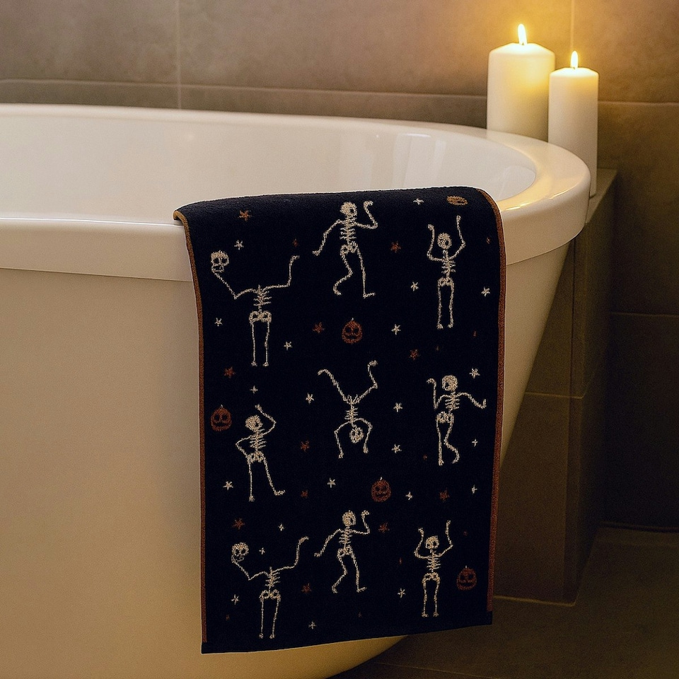 image 1 of Luxury Halloween Hand Towels Pack of 2 - 100% Cotton Spooky Tea Towels Black | Skeletons