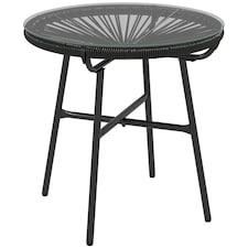 Outsunny Rattan Side Table w/ Tempered Glass Tabletop, Black 
