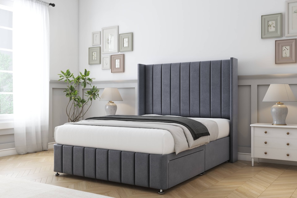 image 1 of Sloomy Melbourne Steel Plush Divan Bed Base 2 Drawers Foot-End With 54 Inch Wingback Headboard & 12 Inch Matching Footboard | Grey | Steel | Super King | 1