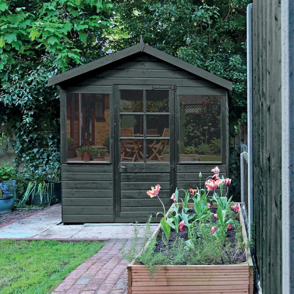 image 1 of Roxil Wood Stain Preserver 1L Spray (Charcoal) for Decking, Fence, Shed, Furniture
