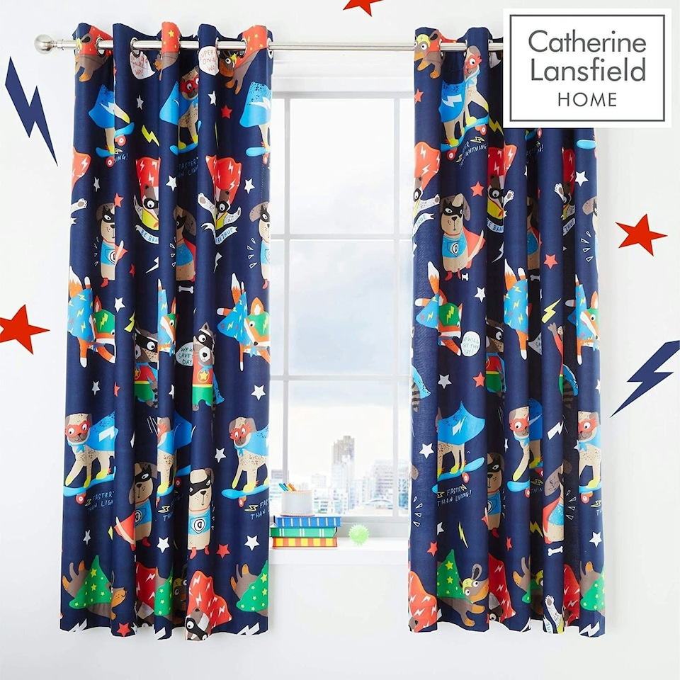 image 1 of Catherine Lansfield Super Dog Fully Lined Eyelet Curtains Blue Blue | 66x72"