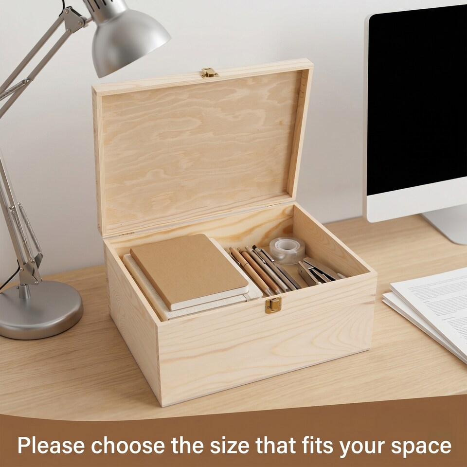 image 1 of Wickerfield Natural Wooden Storage Box with Hinged Lid & Locking Clasp