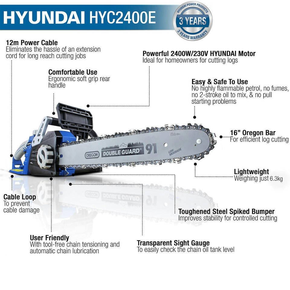 image 1 of Hyundai 16" 40cm Electric Chainsaw 2400W 230V