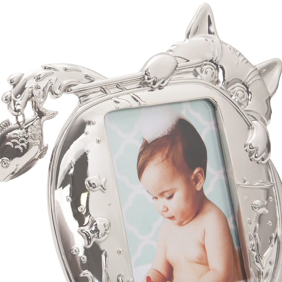 image 1 of Quirky Hiding Cat Themed Nickel Plated Picture Frame with Hanging Fish | Silver | 4" x 4"