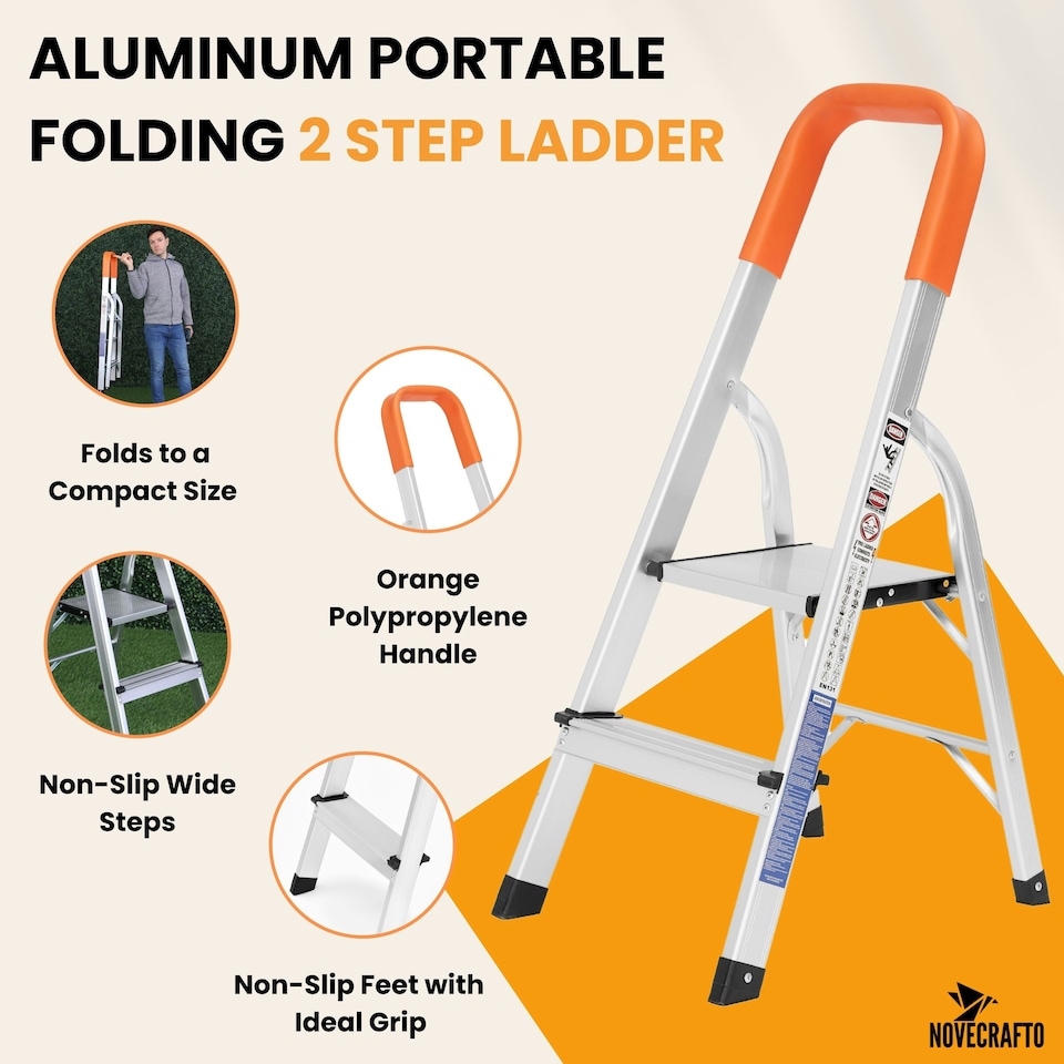 image 1 of Lightweight Step Ladders - Compact Aluminium Stepladder with Non-Slip Wide Step, Portable Silver Color - Tall Folding Ladder with Platform Silver | 2- Step 88cm
