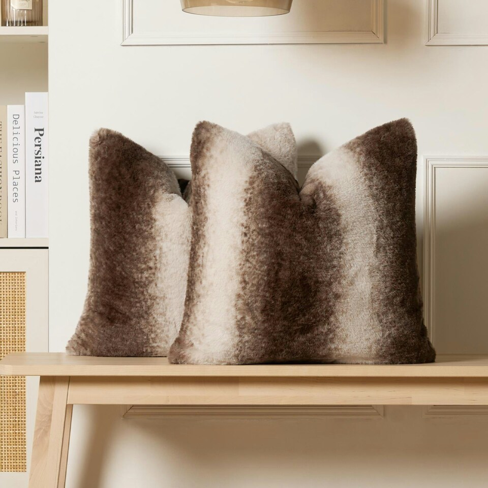 image 1 of OHS 2 x Faux Fur Striped Patterned Filled Cushions, 45x45cm - Brown