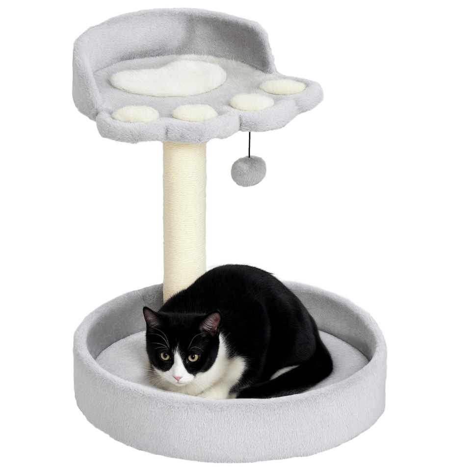 image 1 of PawHut 44cm Cat Tree Tower with Scratch Post, Platforms, Ball, Light Grey