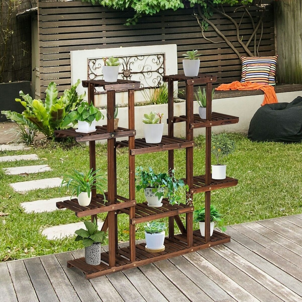 image 1 of COSTWAY 9 Tier Wood Plant Stand Display Rack Flower Shelf Brown