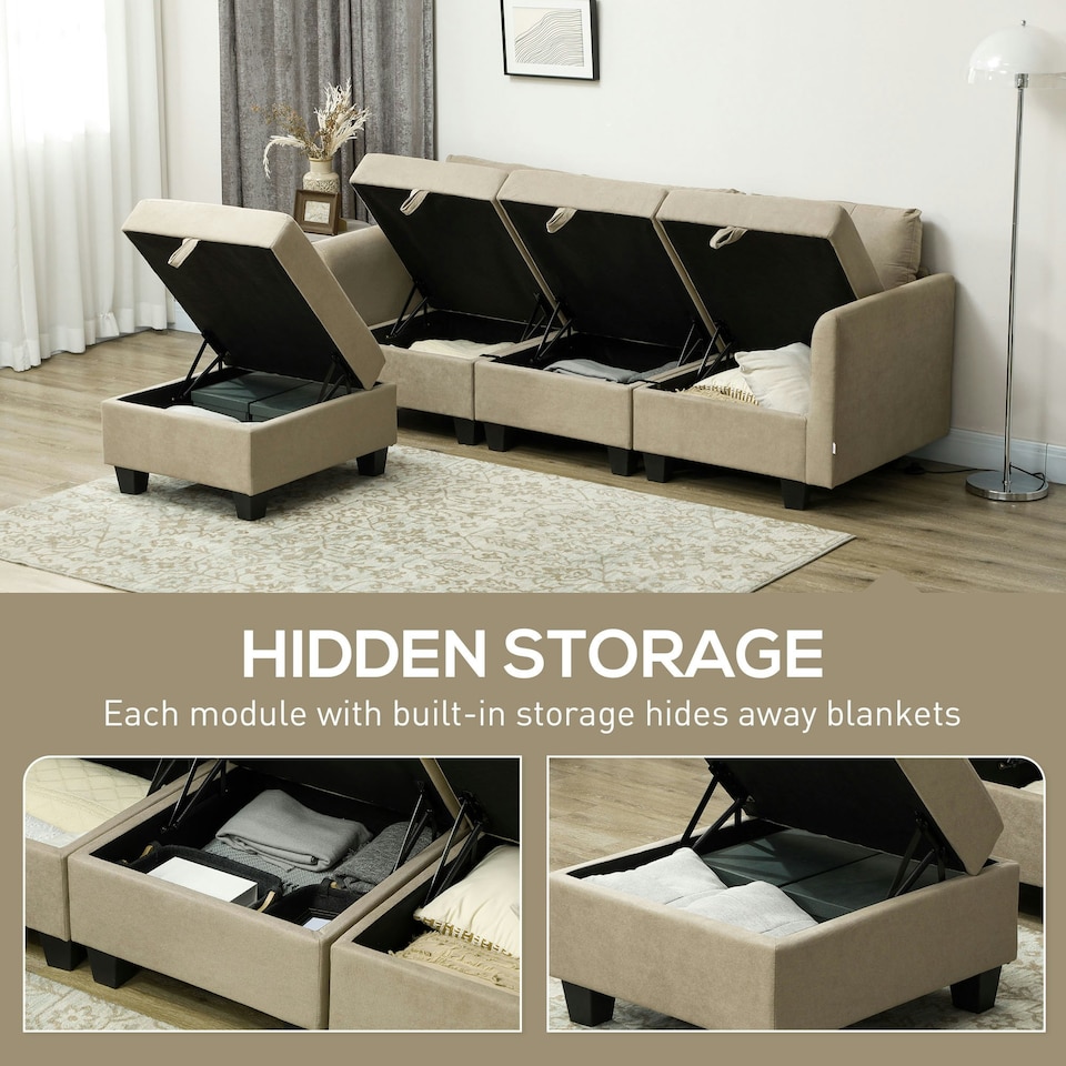image 1 of HOMCOM Convertible Modular Sectional Sofa w/ Storage Light Brown