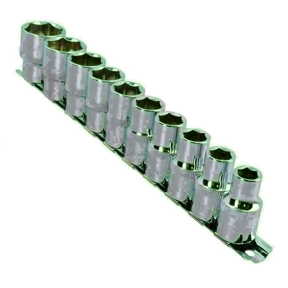image 1 of 10pc 1/2" Drive Shallow Metric Socket Set 6-Sided Hex Sockets 10 - 24mm on Rail