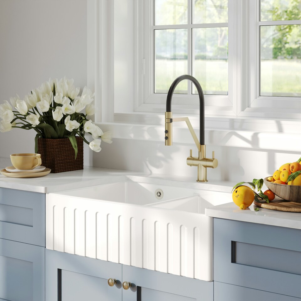 image 1 of 795mm - Fireclay Kitchen Double Bowl Fluted Front Butler Sink - Stepped Weir