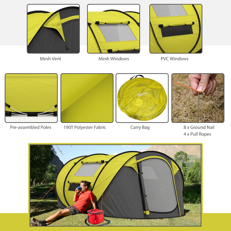image 1 of Outsunny Camping Tent Dome Pop-up Tent  with Windows for 4-5 Person Dark Green