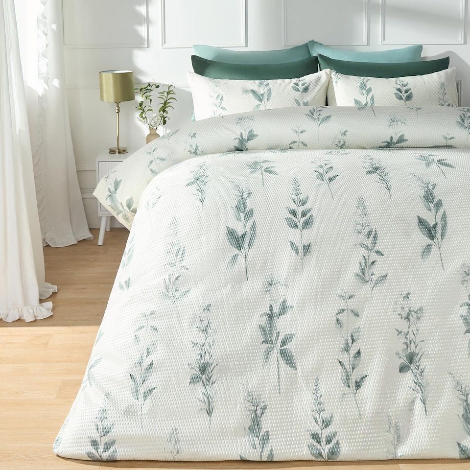 image 1 of OHS Botanics Embossed Bedding Set Waffle Duvet Cover with Pillowcase | Green | Super King
