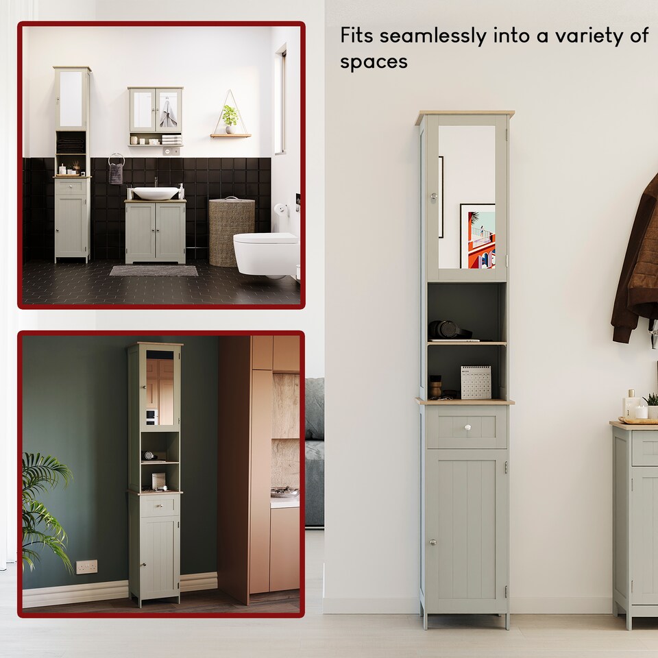 image 1 of Bath Vida Priano 2 Door Tall Bathroom Cabinet With Mirror, Grey & Oak