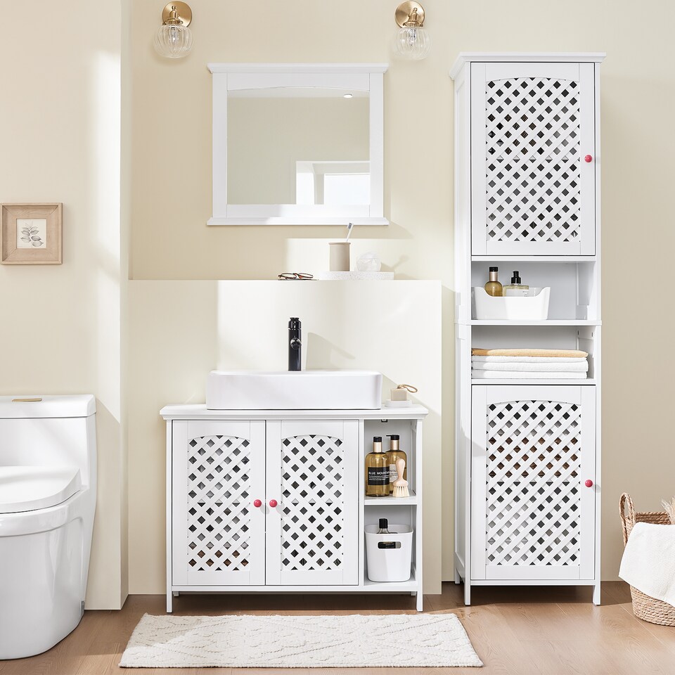 image 1 of SoBuy Under Sink Bathroom Cabinet with 2 Doors & Open Shelf, White, 31.4x12.4x23.8 in, 13.4 kg - BZR210-W