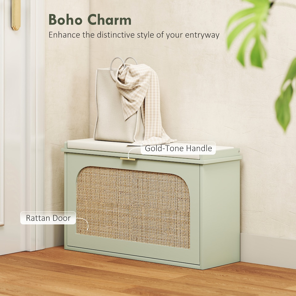 image 1 of HOMCOM Narrow Shoe Bench with Padded Seat and Flip-Drawer, Boho Shoe Storage Bench with Rattan Door and Adjustable Shelf for Hallway, Entryway, Holds 8 Pairs, Light Green | Green | Light Green