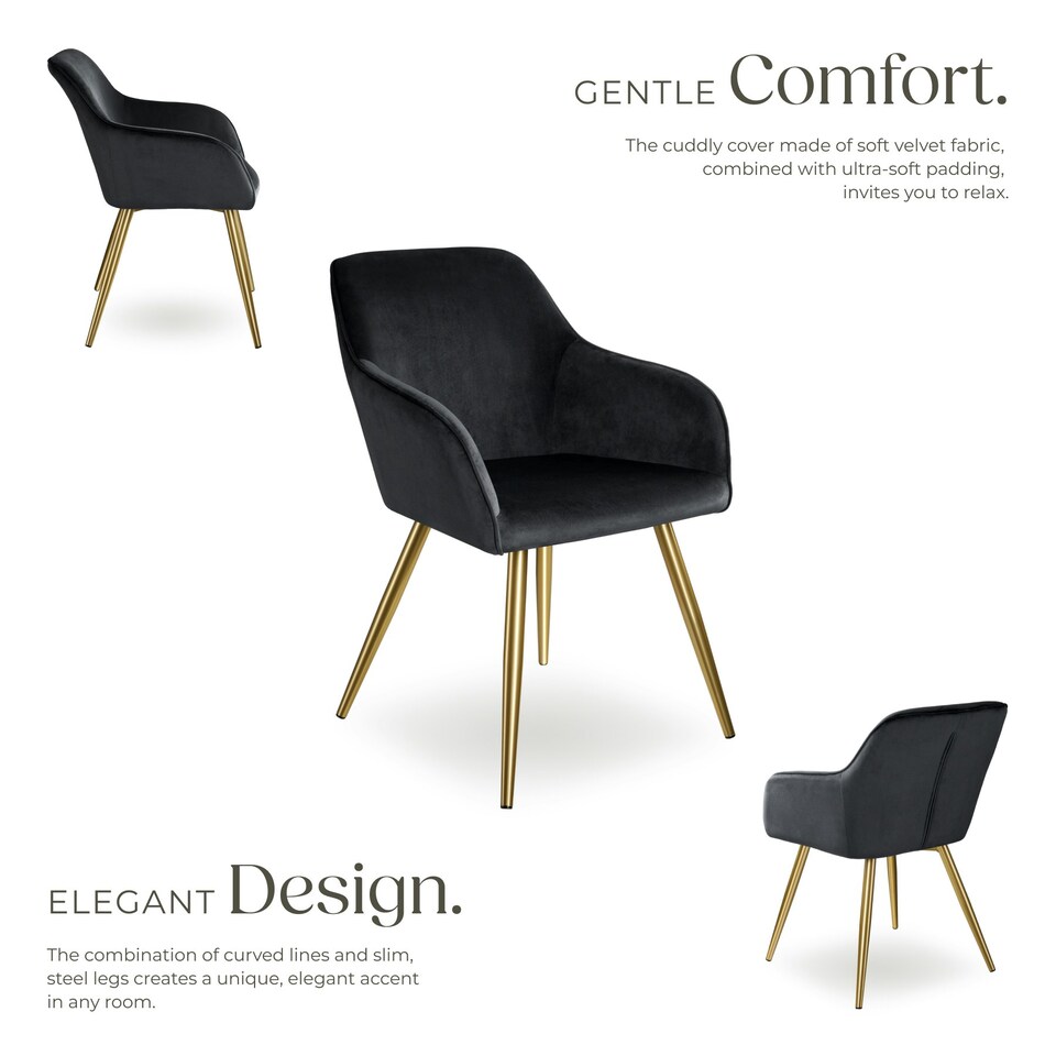 image 1 of Chair Marilyn - with armrests, padded, velvet look, golden steel legs - Set of 6 Black | Black/Gold