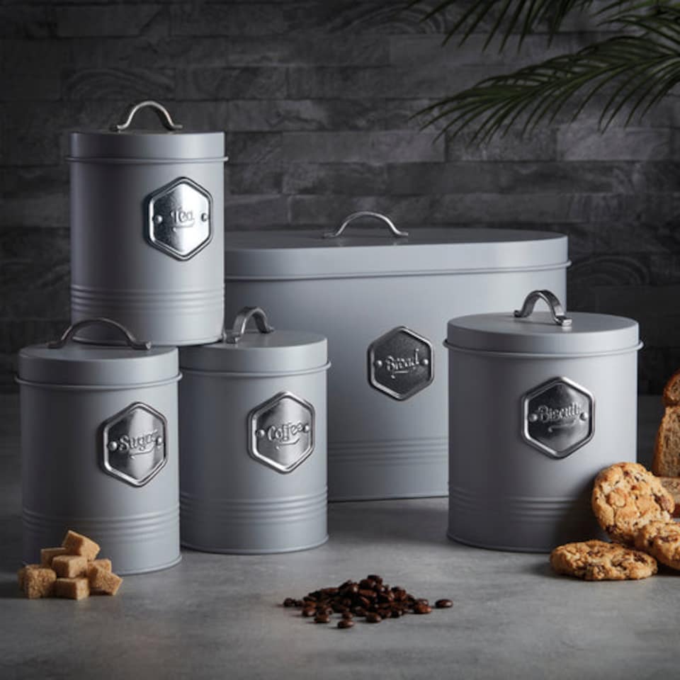 image 1 of Cooks Professional 5 Piece Kitchen Storage Set – Tea, Coffee, Sugar, Bread & Biscuit Tins | Grey | Grey & Silver | 5