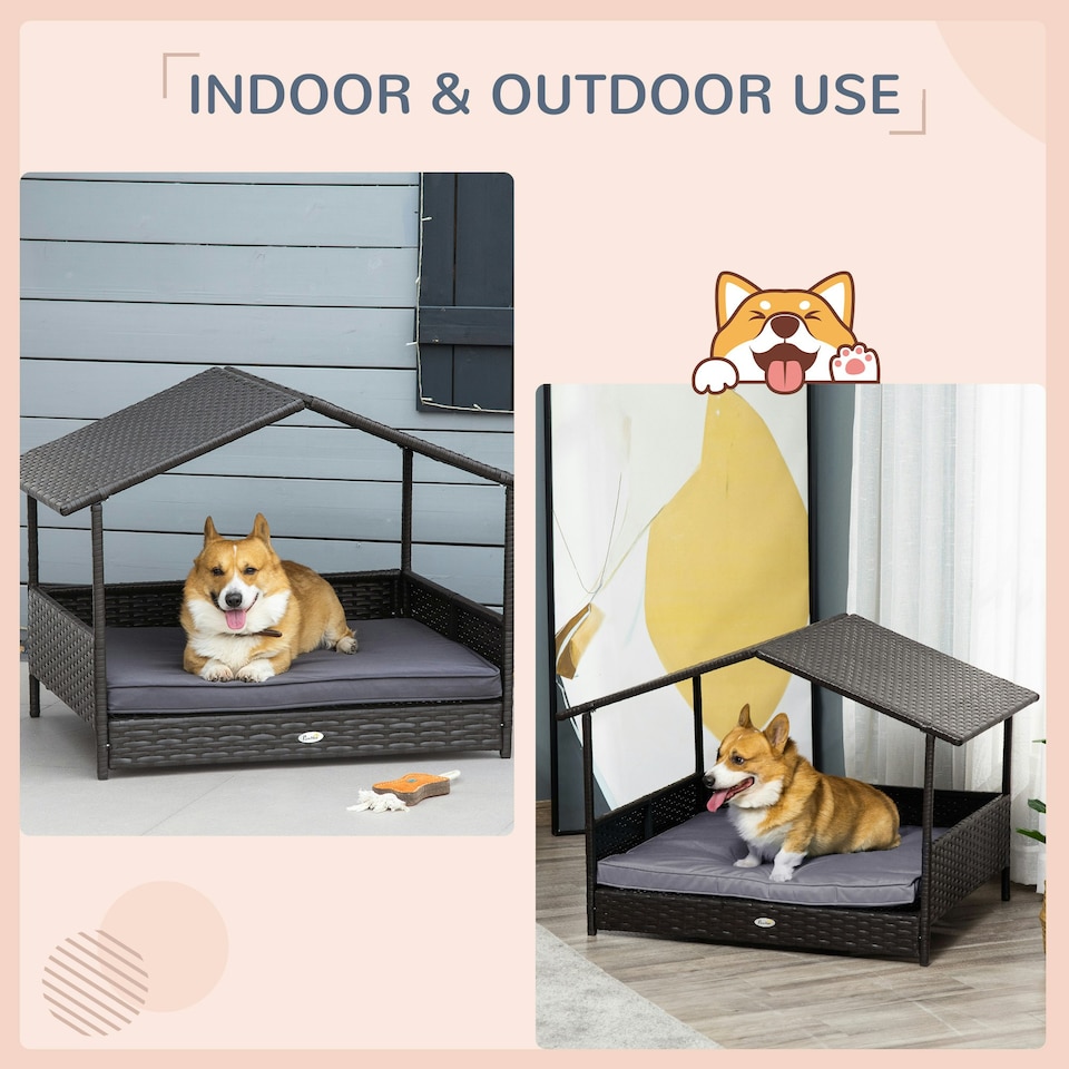image 1 of PawHut Wicker Dog House, Rattan Pet Bed with Soft Cushion, Cat Basket - Grey