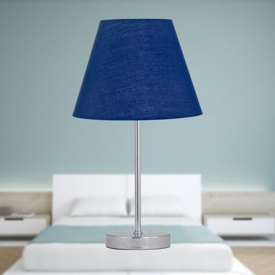 image 1 of Chrome Stick Table Lamp with Navy Blue Fabric Shade Chrome | Blue