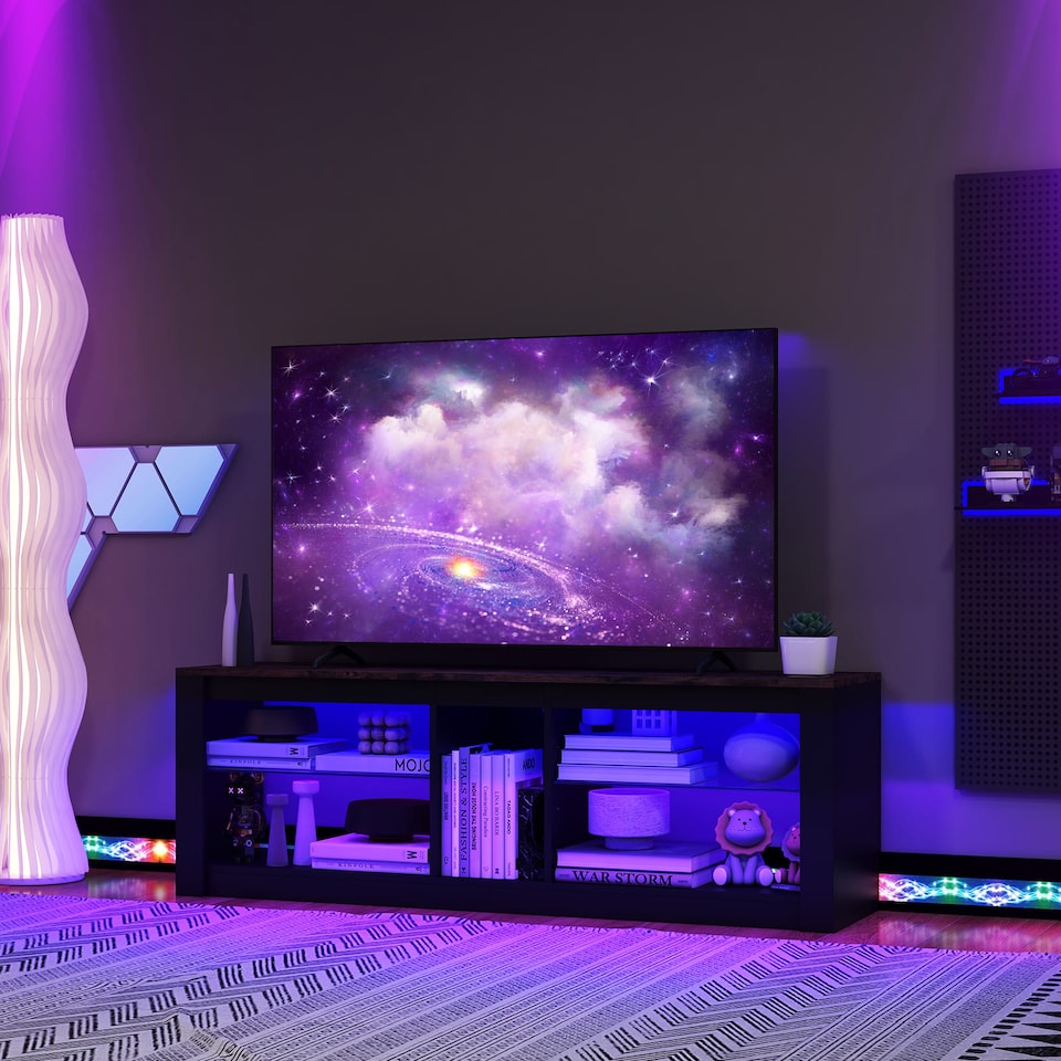 image 1 of COSTWAY TV Stand LED Light for 65 Inch Modern Media Console Table Shelves