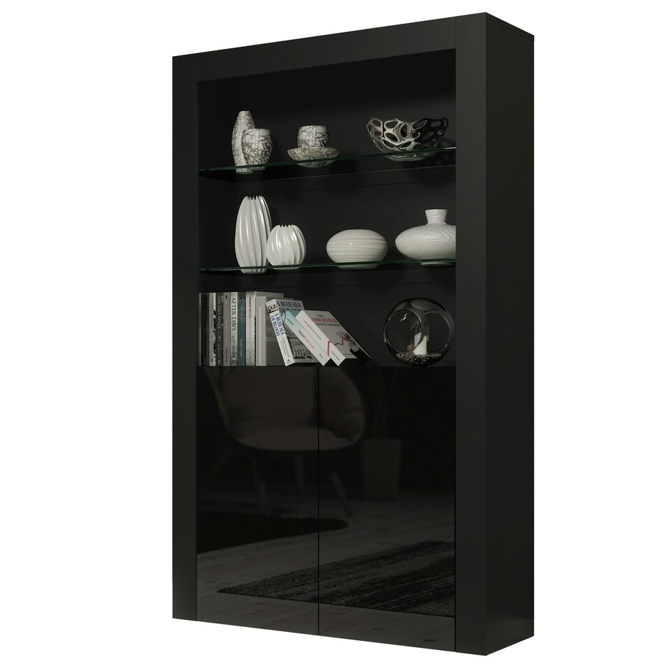 image 1 of Modern Display Cabinet with Glass Shelves | Living Room Storage Unit | Black High Gloss Cupboard Doors Multi | Oak & Black