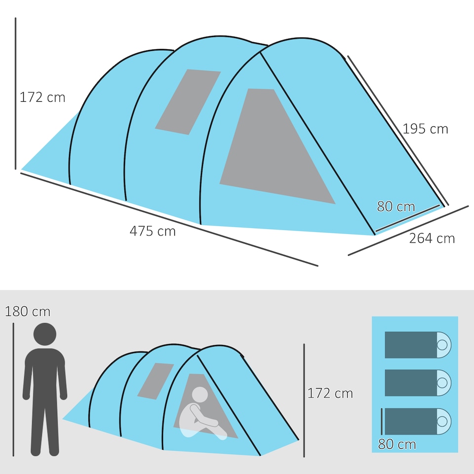 image 1 of Outsunny 3-4 Persons Tunnel Tent, Two Room Camping Tent with Windows, Black