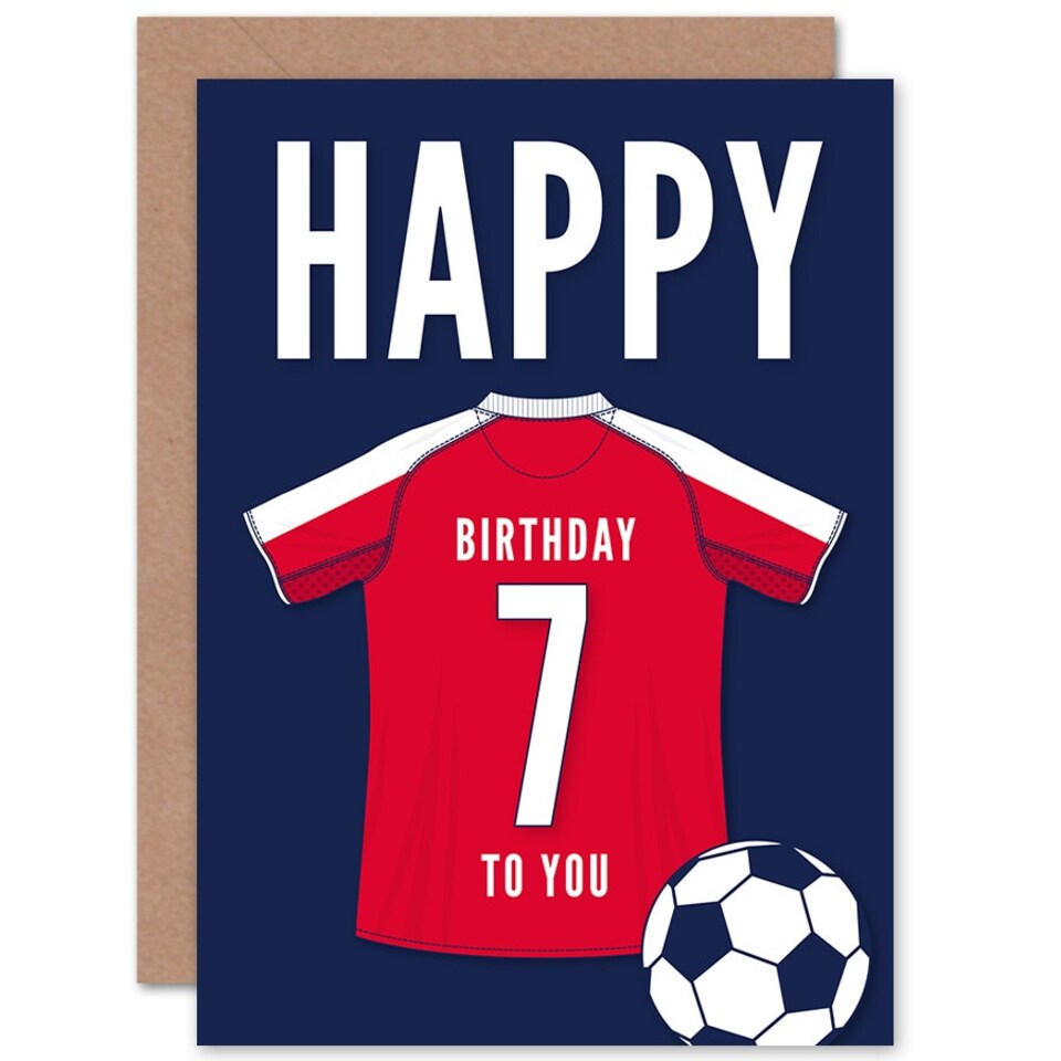 image 1 of Football Strip Kit White Red Top On Age 7 Year Old Child Kids 7th Birthday Card