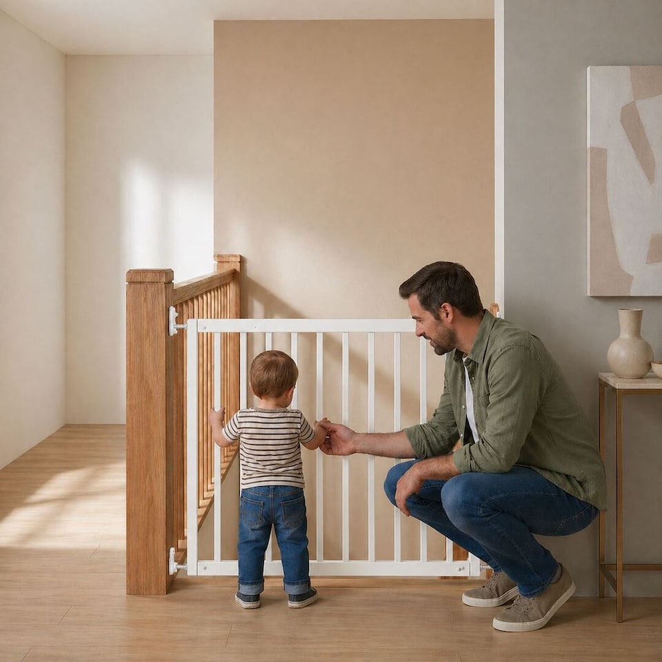 image 1 of Safetots Top of The Stairs Screw Fitted Stair Gate, White Wooden, 63.5cm - 105.5cm, Wood Baby Gate, Stylish Safety Gate | White | 1