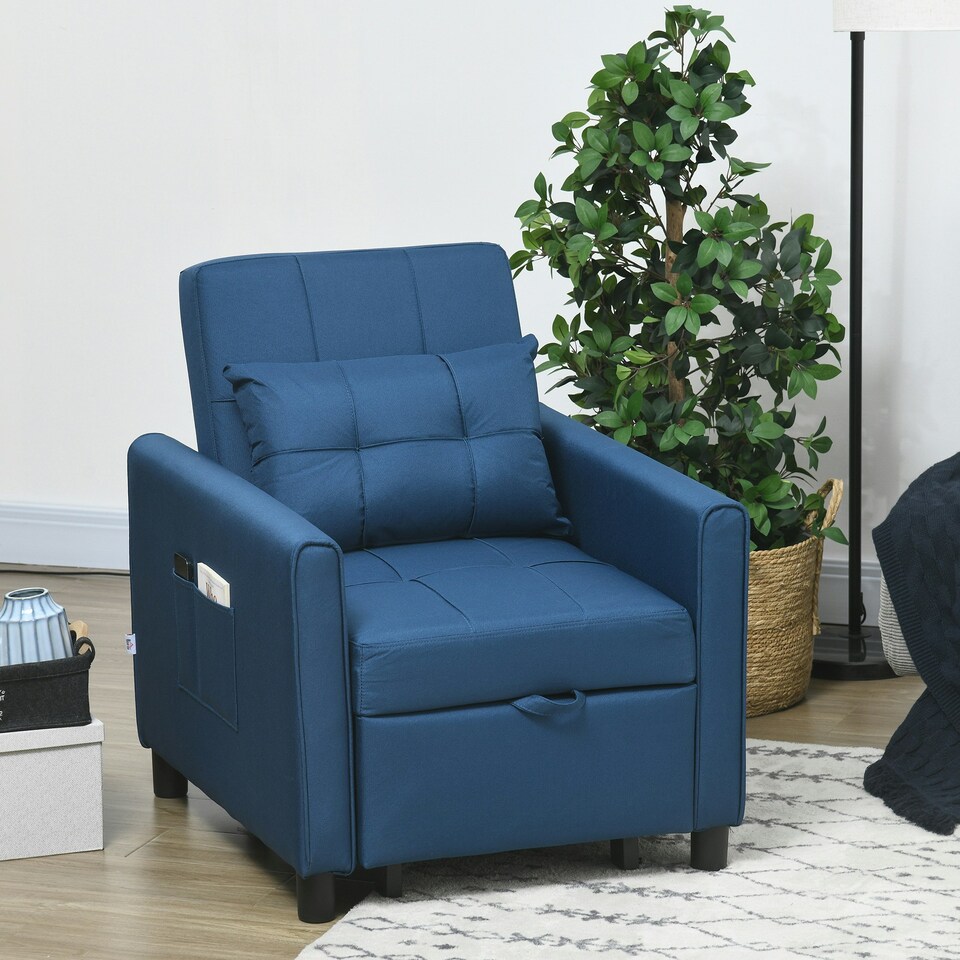 image 1 of HOMCOM Pull Out Sleeper Chair Bed w/ Pillow, Side Pockets, Blue
