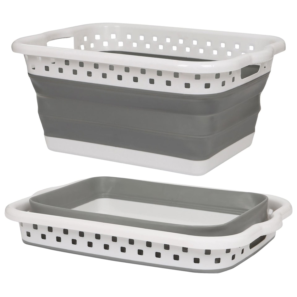 image 1 of Harbour Housewares Collapsible Laundry Basket - 42L - White/Grey | White | White/Grey
