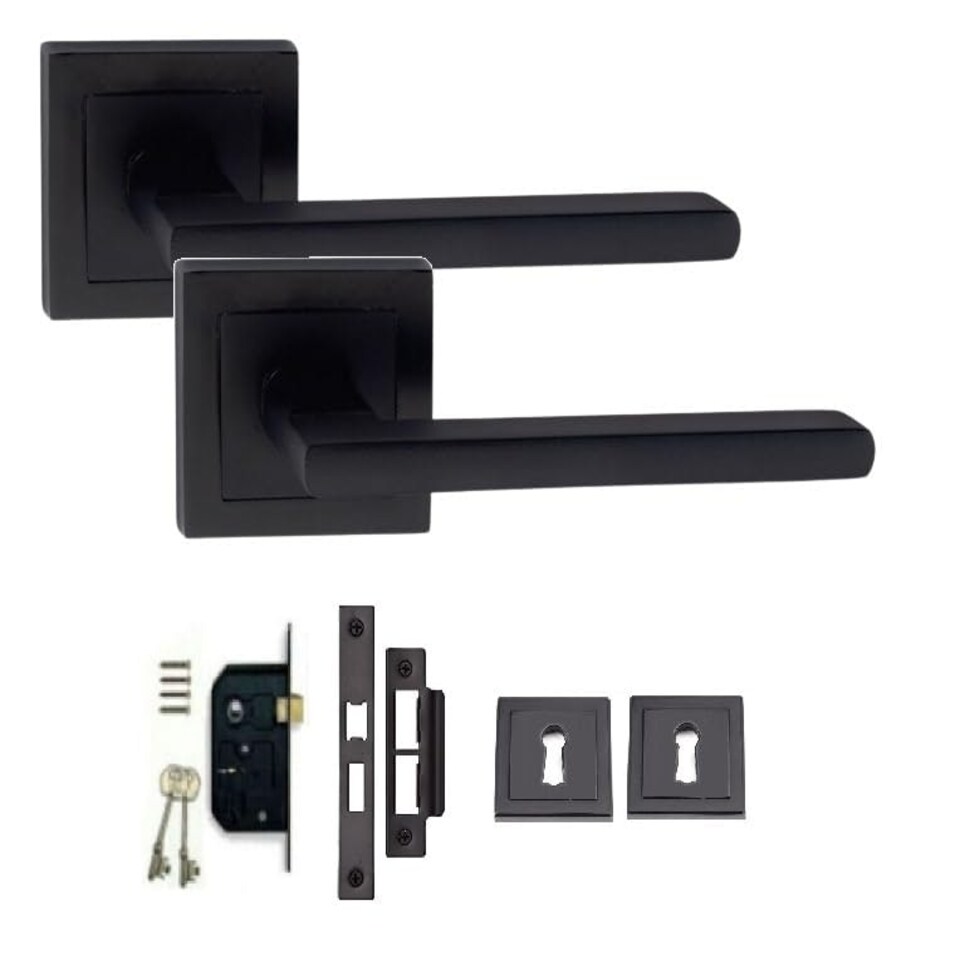 image 1 of Golden Grace Leon Design Straight Door Handles on Square Rose in Matt Black Finish with 64mm 3 Lever Mortise Lock and Key Hole Black